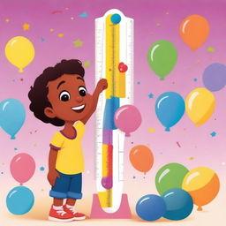 An animated image of a child being measured for height with a colorful background