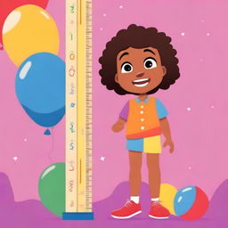 An animated image of a child being measured for height with a colorful background