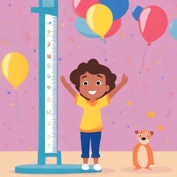 An animated image of a child being measured for height with a colorful background