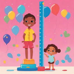 An animated image of a child being measured for height with a colorful background