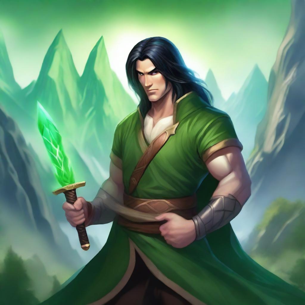 A bard dressed in all-green who is very muscular, holding a magic sword with a glowing aura