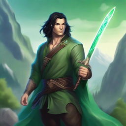 A bard dressed in all-green who is very muscular, holding a magic sword with a glowing aura