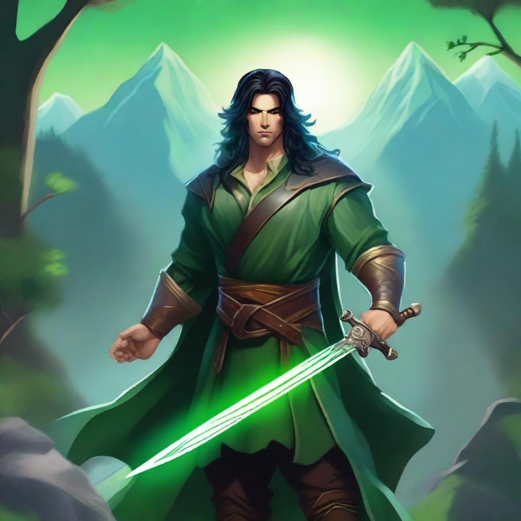 A bard dressed in all-green who is very muscular, holding a magic sword with a glowing aura