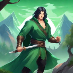 A bard dressed in all-green who is very muscular, holding a magic sword with a glowing aura