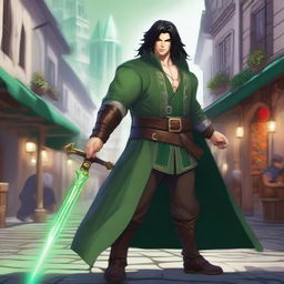 A bard dressed in all-green who is very muscular, holding a magic sword with a glowing aura