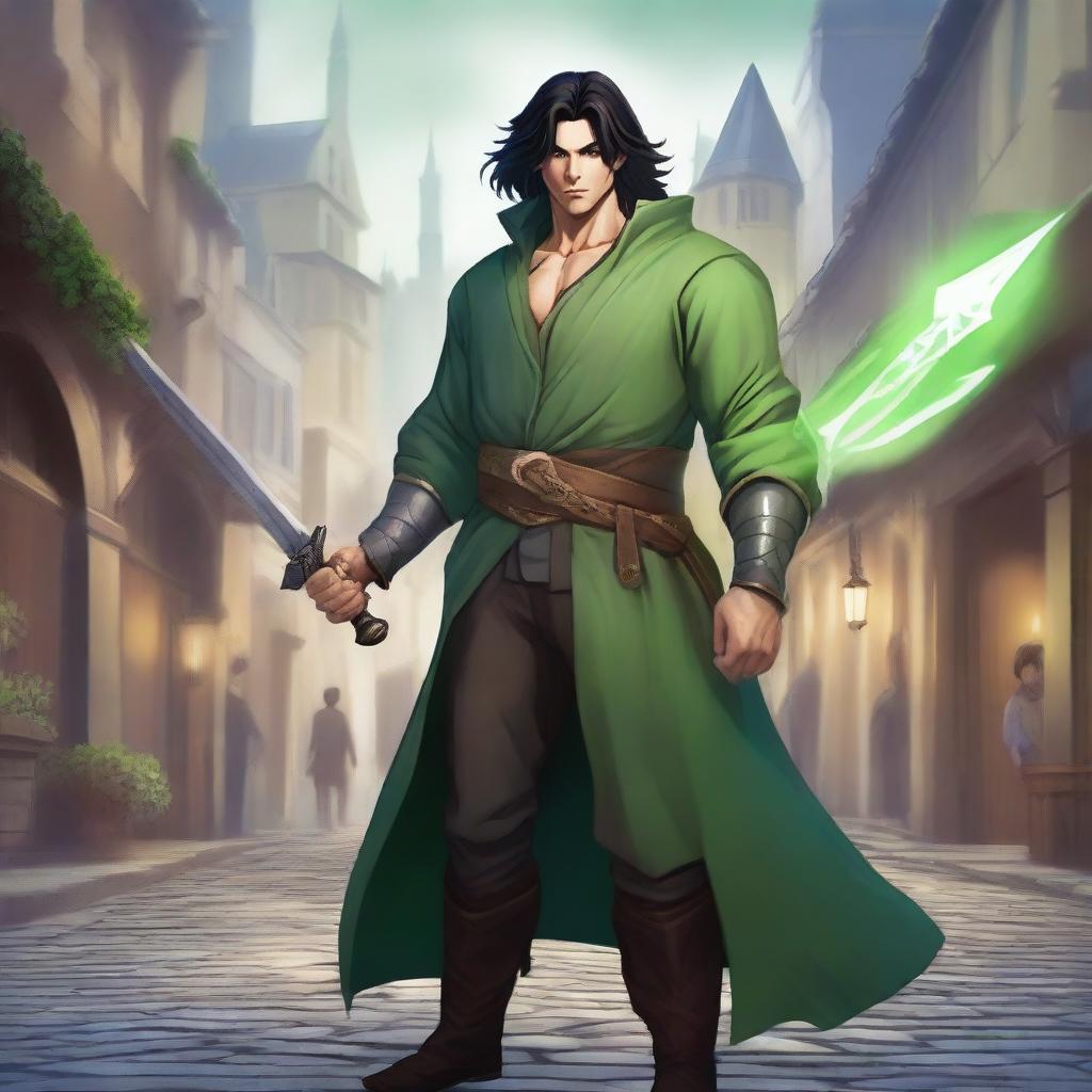 A bard dressed in all-green who is very muscular, holding a magic sword with a glowing aura