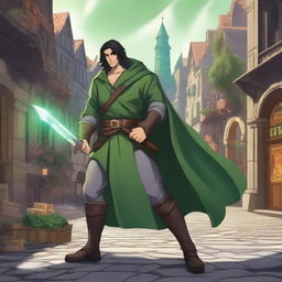 A bard dressed in all-green who is very muscular, holding a magic sword with a glowing aura