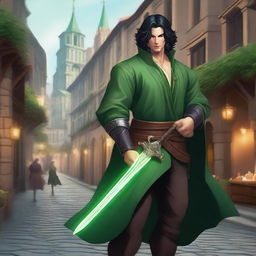 A bard dressed in all-green who is very muscular, holding a magic sword with a glowing aura