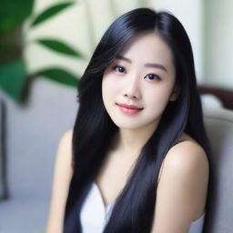 Ultra realistic photograph of a teen Asian woman with long black hair and porcelain skin