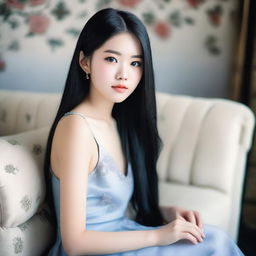 Ultra realistic photograph of a teen Asian woman with long black hair and porcelain skin