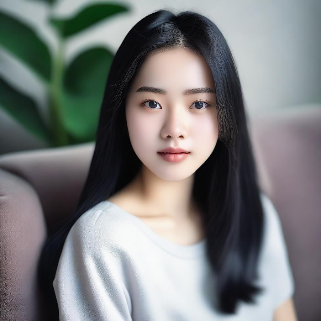 Ultra realistic photograph of a teen Asian woman with long black hair and porcelain skin