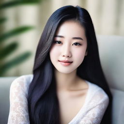 Ultra realistic photograph of a teen Asian woman with long black hair and porcelain skin