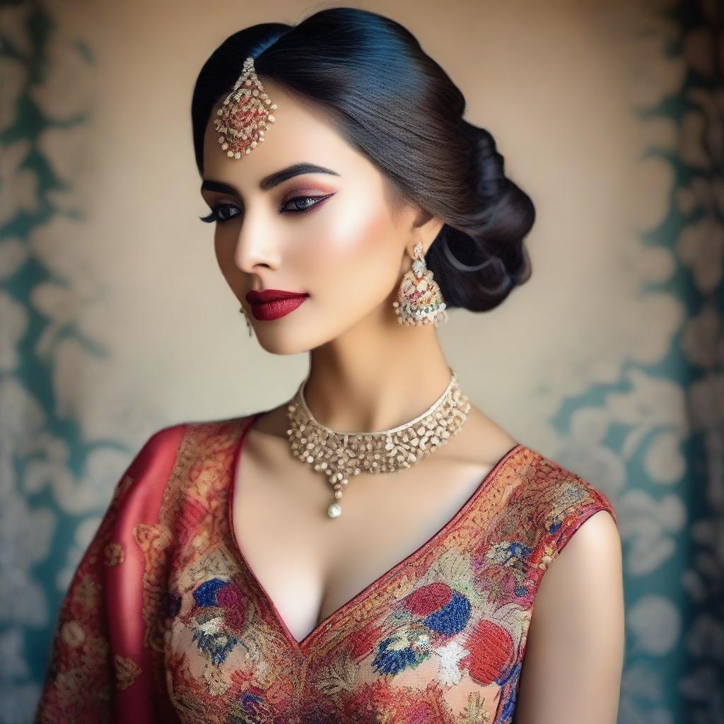 A stunning photograph of a beautiful lady wearing an intricately embroidered body