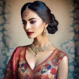 A stunning photograph of a beautiful lady wearing an intricately embroidered body