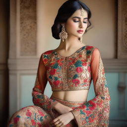 A stunning photograph of a beautiful lady wearing an intricately embroidered body