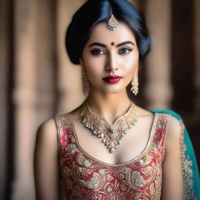 A stunning photograph of a beautiful lady wearing an intricately embroidered body