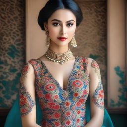 A stunning photograph of a beautiful lady wearing an intricately embroidered body