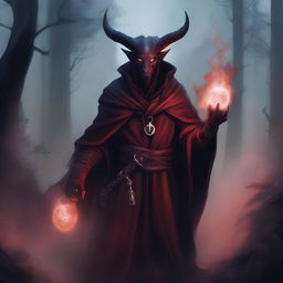 A detailed and dramatic illustration of a tiefling warlock