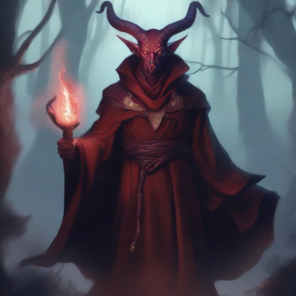 A detailed and dramatic illustration of a tiefling warlock