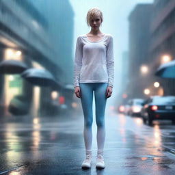 A realistic photograph of a girl standing in the rain