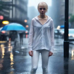 A realistic photograph of a girl standing in the rain