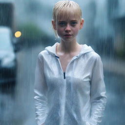 A realistic photo of a girl with short blonde hair and blue eyes, standing in the rain