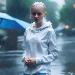 A realistic photo of a girl with short blonde hair and blue eyes, standing in the rain