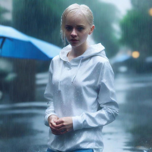 A realistic photo of a girl with short blonde hair and blue eyes, standing in the rain