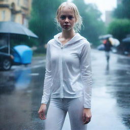 A realistic photo of a girl with short blonde hair and blue eyes, standing in the rain