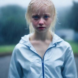 A realistic photo of a girl with short blonde hair and blue eyes, standing in the rain