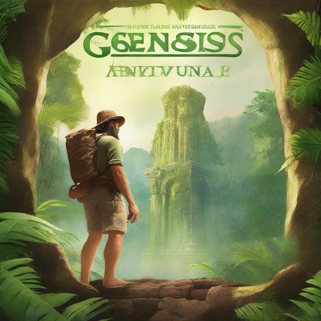 Create a book cover for a thrilling adventure novel titled 'GENESIS: The Last Indiana Adventure'