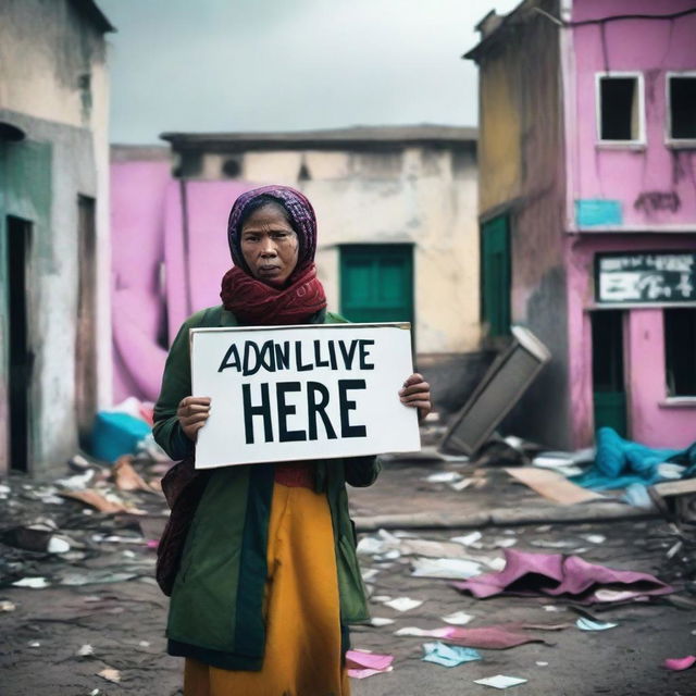 A woman dressed in modern, vibrant clothing stands in a bleak, decaying environment