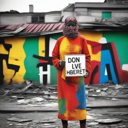 A woman dressed in modern, vibrant clothing stands in a bleak, decaying environment