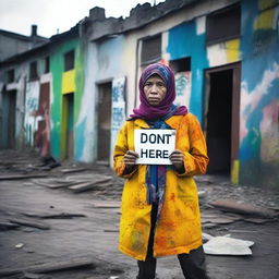 A woman dressed in modern, vibrant clothing stands in a bleak, decaying environment