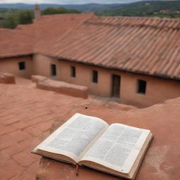 Open books laying on the terracotta rooftop of an old rustic village, with pages fluttering gently in the breeze.