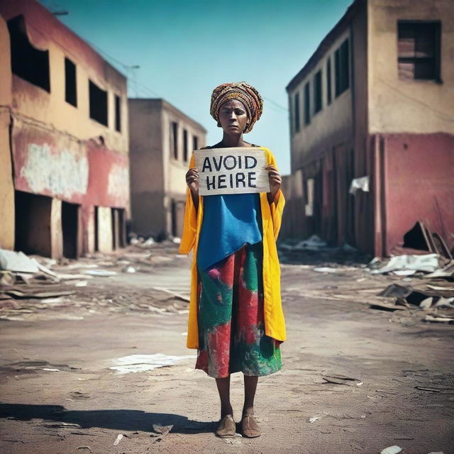 A woman dressed in modern, vibrant clothing stands in a bleak, decaying environment