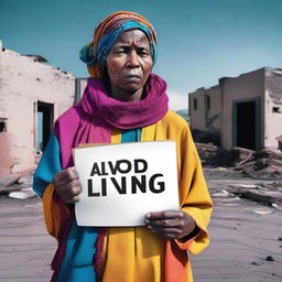 A woman dressed in modern, vibrant clothing stands in a bleak, decaying environment