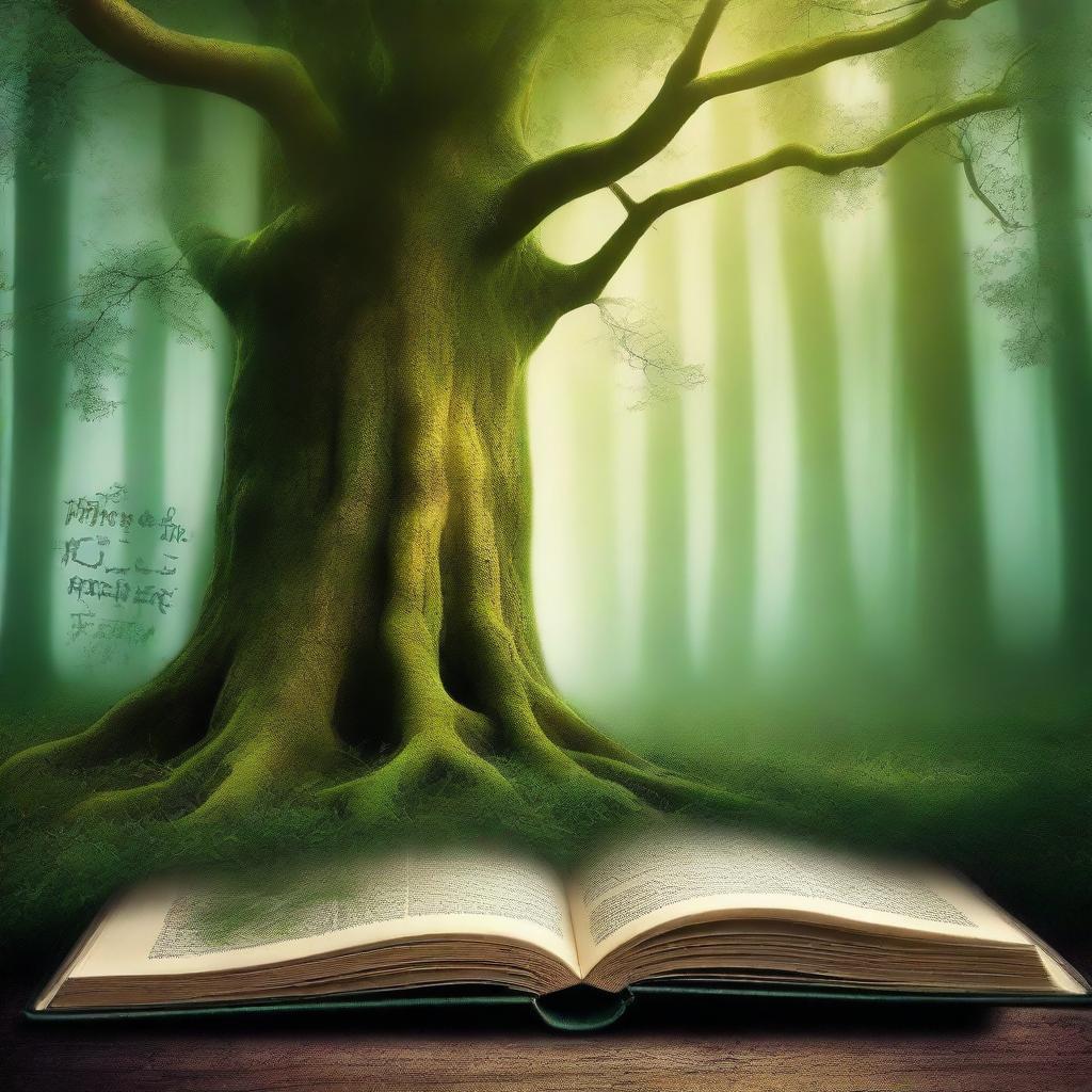 Create a captivating book cover featuring an enchanting forest with mystical creatures