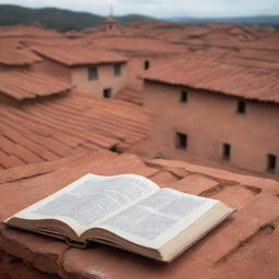 Open books laying on the terracotta rooftop of an old rustic village, with pages fluttering gently in the breeze.