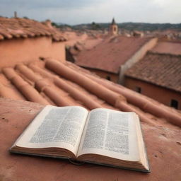 Open books laying on the terracotta rooftop of an old rustic village, with pages fluttering gently in the breeze.