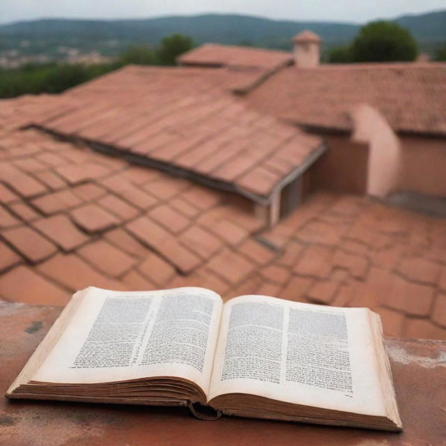 Open books laying on the terracotta rooftop of an old rustic village, with pages fluttering gently in the breeze.