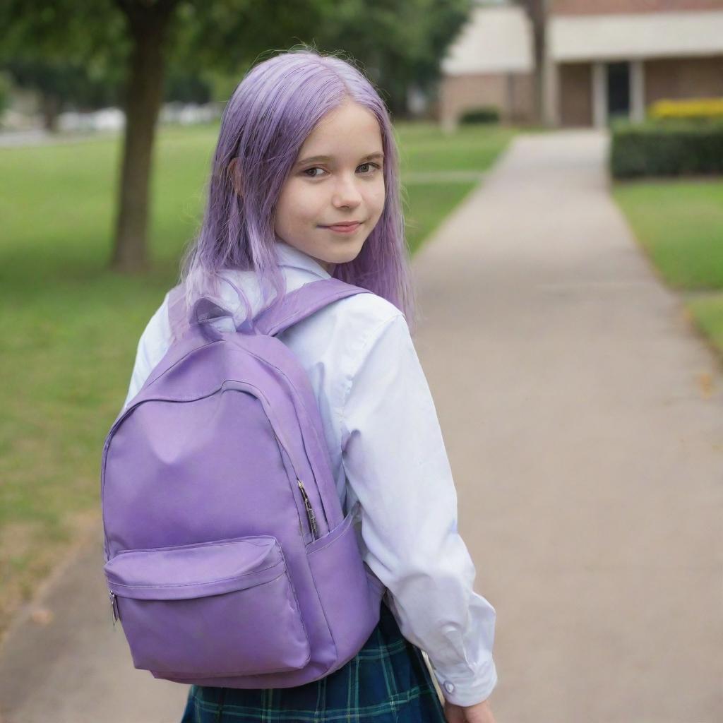 A young girl with long, lilac-colored hair heading to school, carrying a backpack and wearing a school uniform.