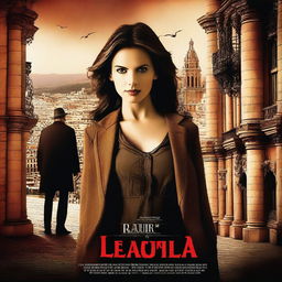 Create a realistic promotional action film movie poster featuring a strong female protagonist and her father, set against the backdrop of Barcelona, Spain