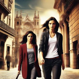 Create a realistic promotional action film movie poster featuring a strong female protagonist and her father, set against the backdrop of Barcelona, Spain