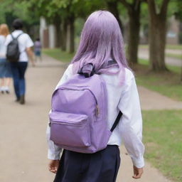 A young girl with long, lilac-colored hair heading to school, carrying a backpack and wearing a school uniform.