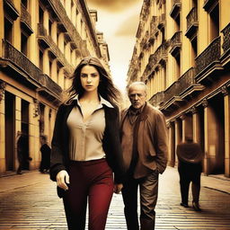 Create a realistic promotional action film movie poster featuring a strong female protagonist and her father, set against the backdrop of Barcelona, Spain