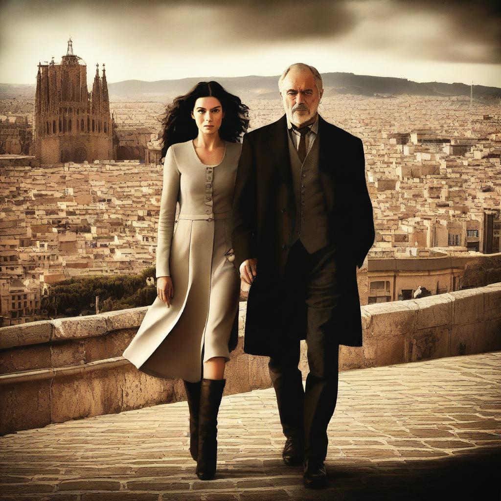 Create a realistic promotional action film movie poster featuring a strong female protagonist and her father, set against the backdrop of Barcelona, Spain