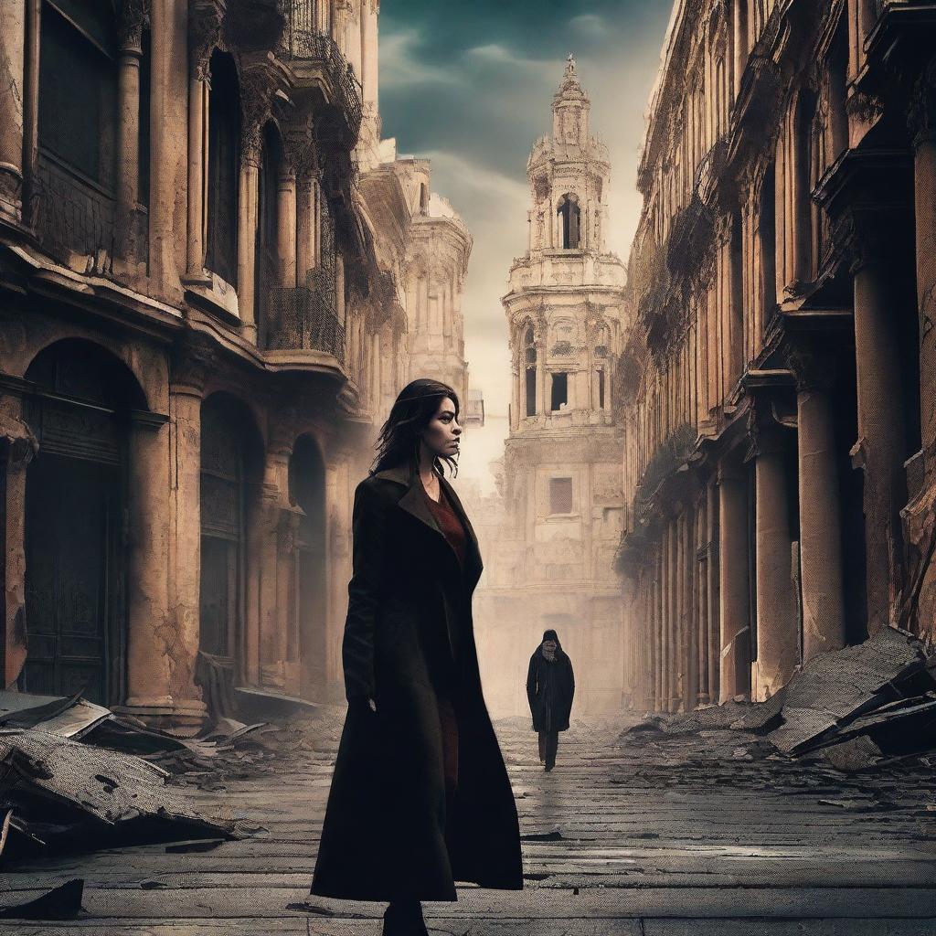 Create a dystopian action film movie poster featuring a strong female protagonist and her father