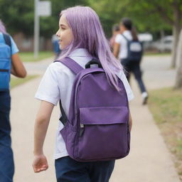 A young girl with long, lilac-colored hair heading to school, carrying a backpack and wearing a school uniform.