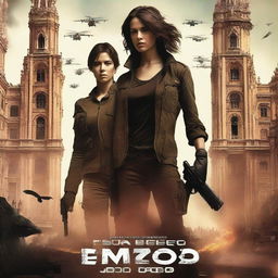 A dystopian action film movie poster featuring a strong female protagonist and her army father, set in a futuristic, war-torn Barcelona, Spain